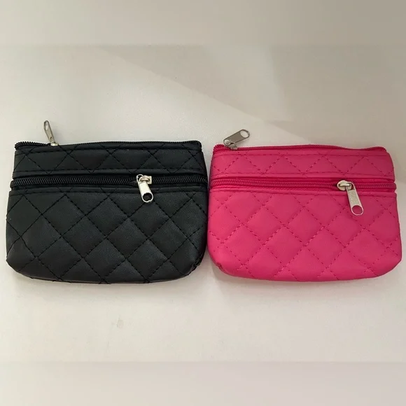 Diamond Quilted Double Zipper Black or Pink Coin Purse - Picture 5 of 10